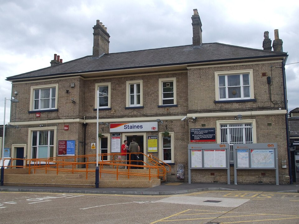 Illustrative file photo — the northern entrance building of Staines railway station, Surrey. Original photo date: 2009-06-19. Not a photograph of the reported event.