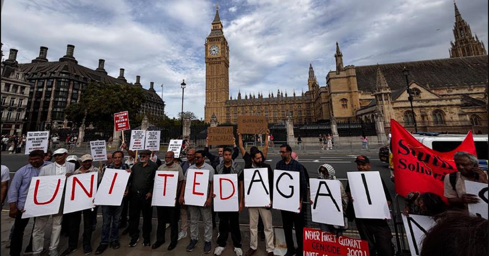 Source-supplied image for: As RSS chief Bhagwat’s UK plans are kept under wraps, protestors symbolically gather near Parliament